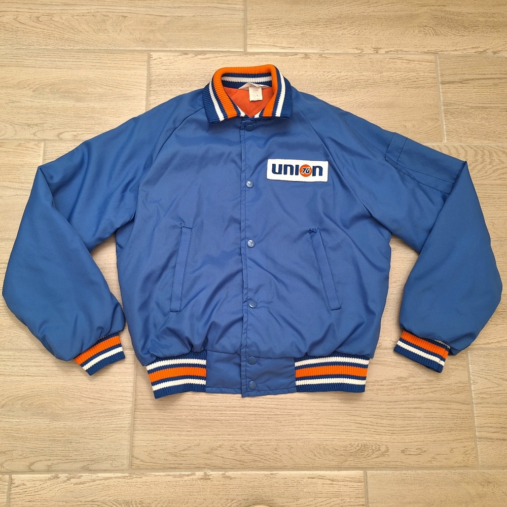 Vintage Union 76 Blue Orange Nylon Racing Jacket By King Jack Medium Button Snap